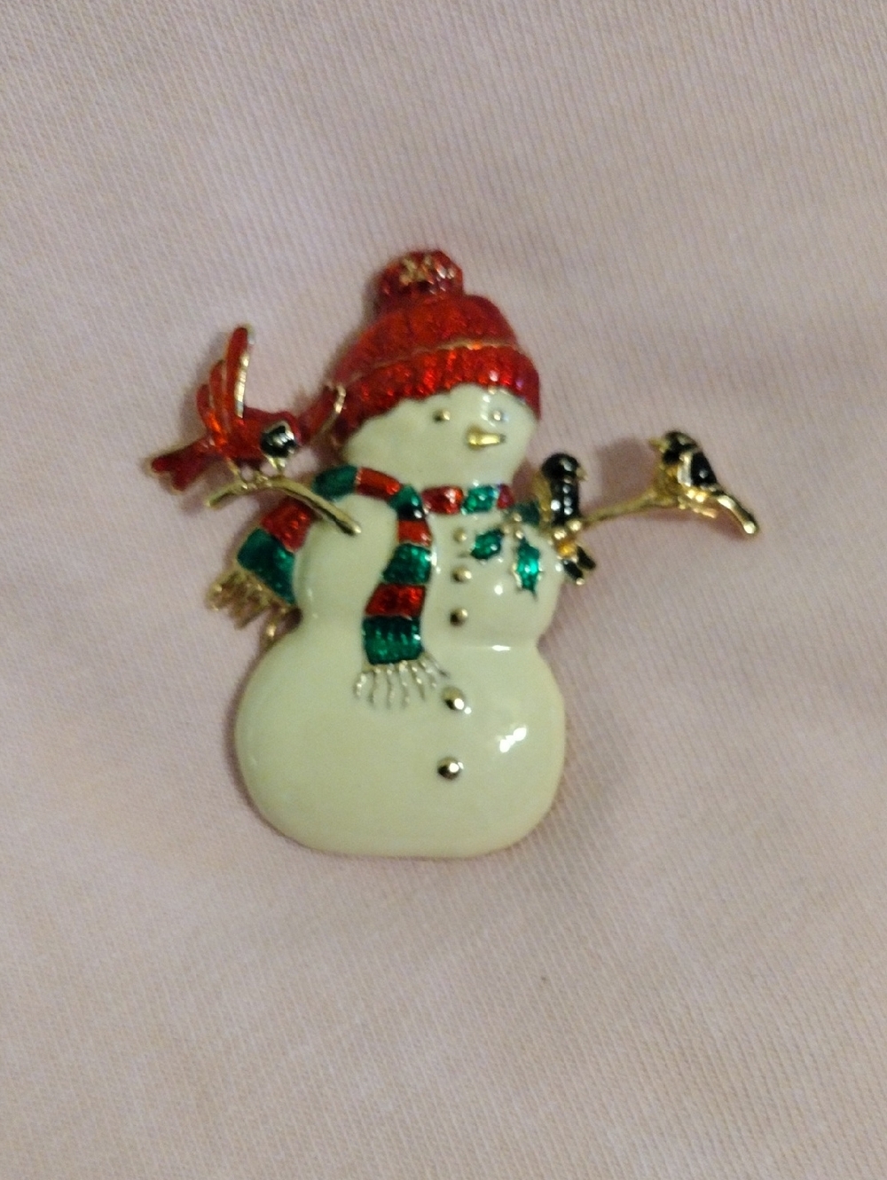 Vintage Source Unknown White Snowman Brooch with Red Hat and Green Scarf